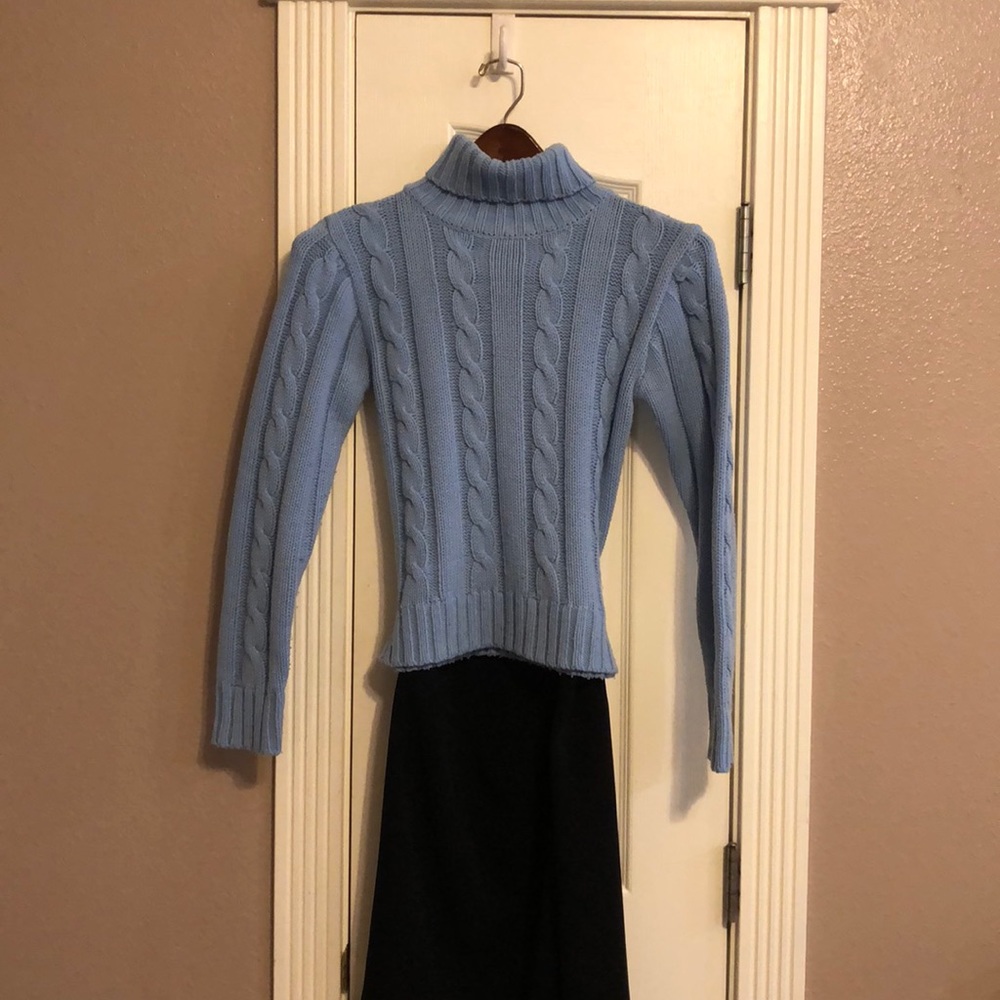 Light blue cable knit turtleneck sweater